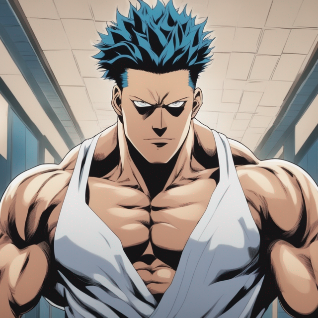 anime protaganist style ripped bodybuilder with blue hair and white tank top