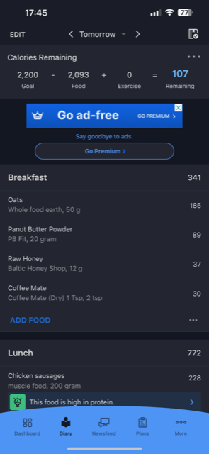 breakfast calories and ingredients on myfitnesspal