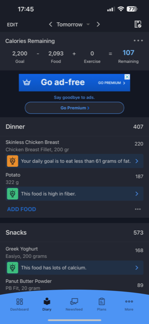 high protein dinner calories and ingredients on myfitnesspal