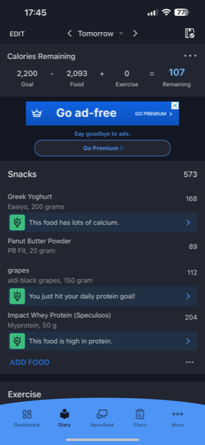 low calorie, high protein snack calories and ingredients on myfitnesspal