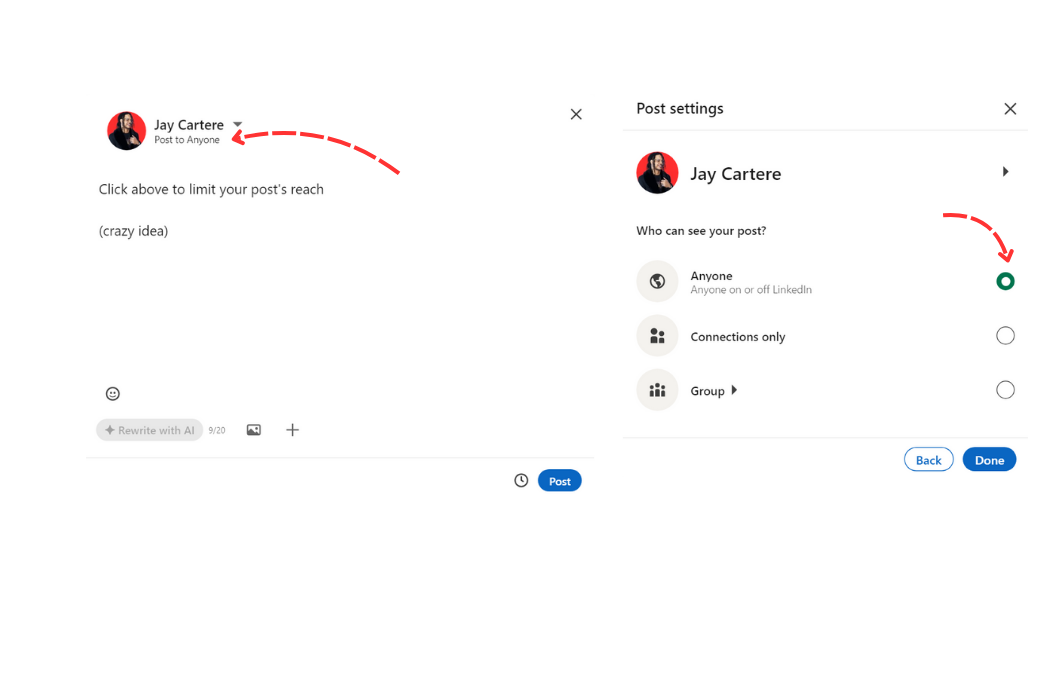 how to choose audience for a post on linkedin on desktop linkedin post privacy settings