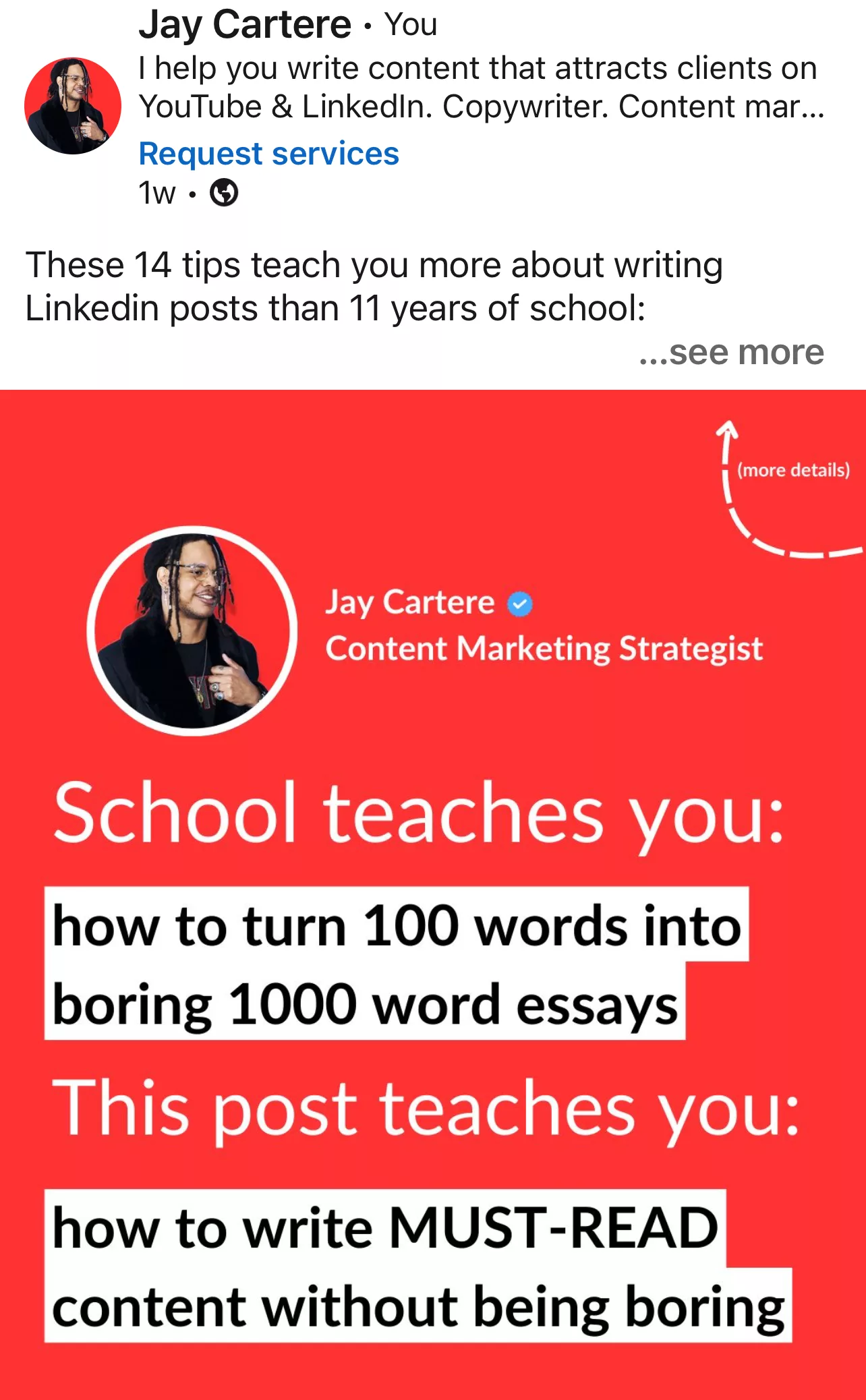 Hook + see more example Linkedin hook example - linkedin headline example